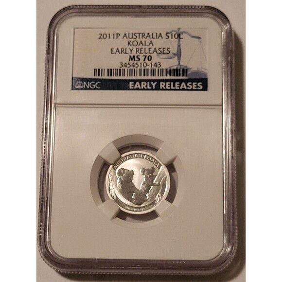 Australia 2011 P 1/10 oz Silver 10 Cents Koala MS70 NGC Early Releases - Picture 1 of 2
